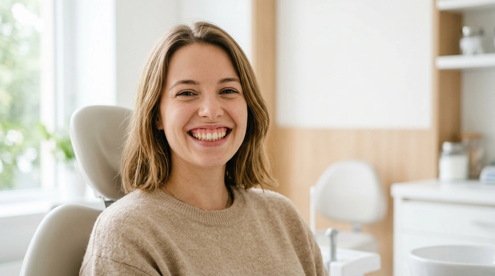 Paciente en una clínica dental con sonrisa gingival, mostrando encía visible por encima de los dientes superiores